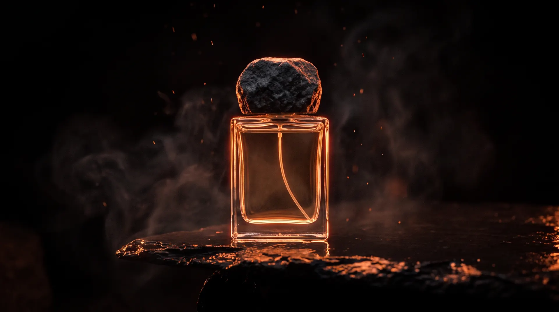 Bare Flint bottle on black stone with an ember glow behind it